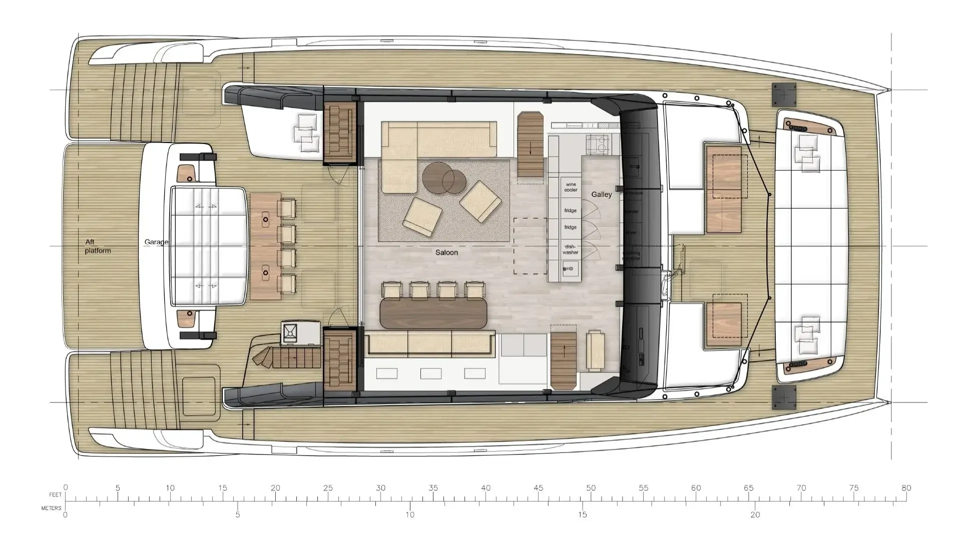General arrangement, main deck: aft platform, garage, aft cockpit, saloon, galley and forward terrace